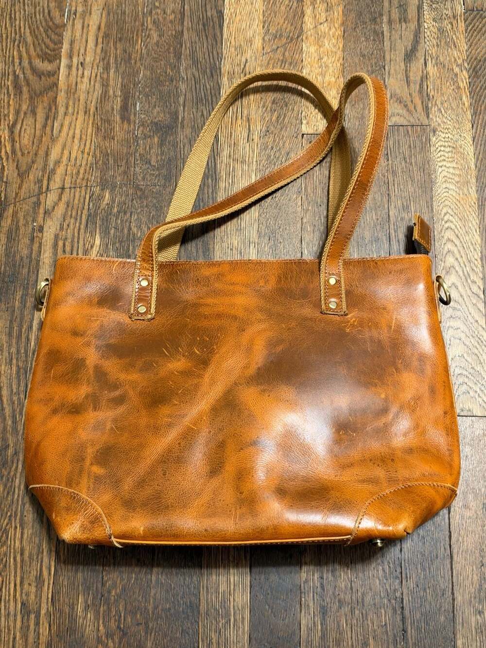 Distressed Brown Leather Tote Bag with Canvas Straps and Zipper Boho